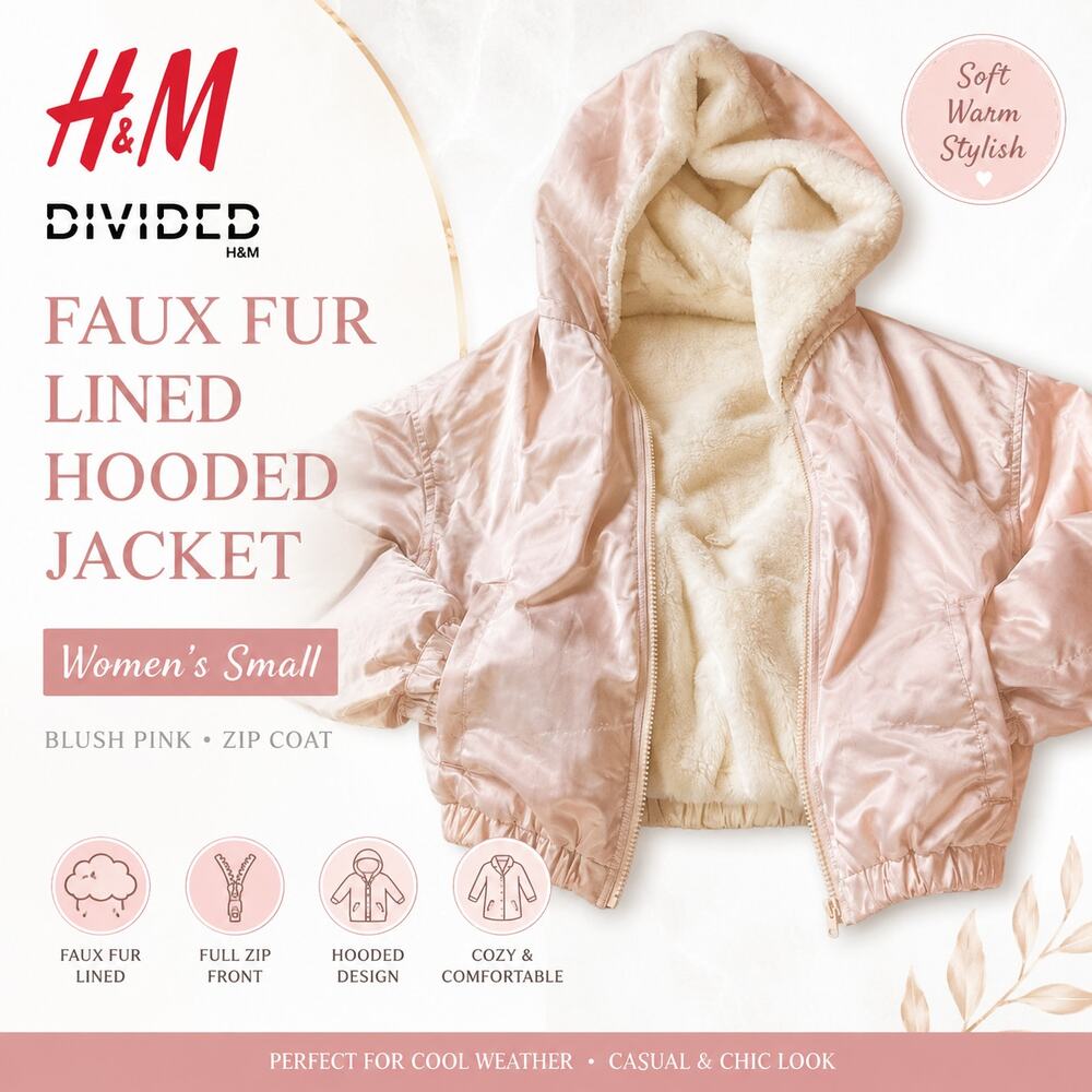 H&M Divided Faux Fur Lined Hooded Jacket Women’s Small Blush Pink Zip Coat